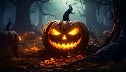 Spooky Halloween Jack-o'-lantern in a Mysterious Forest