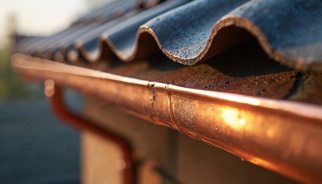 Close-up of copper gutters, roof edge. Architecture detail, home exterior. Seamless drainage system, residential design, construction project. Weather protection installation.