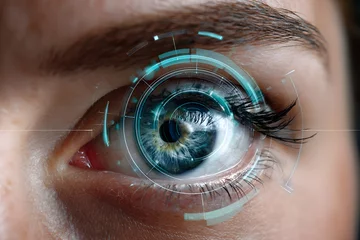 Fototapeten Biometric Iris Scan Interface Overlay on a Human Eye for Secure Identity Verification Process © Azmanrazak