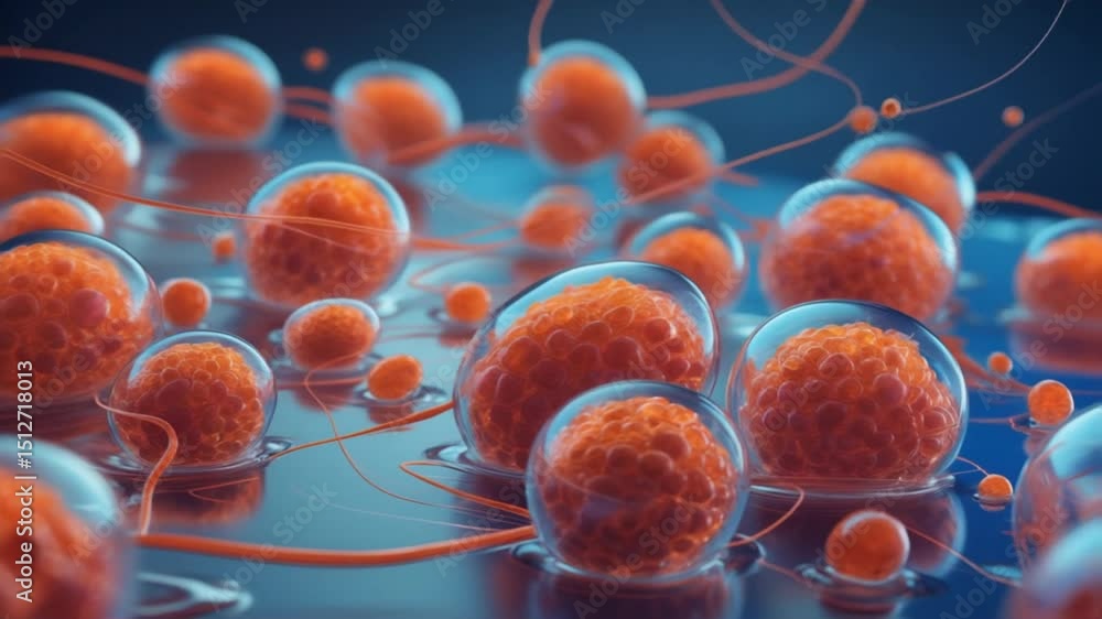 Poster abstract depiction of orange stem cells encapsulated in transparent membranes, interconnected by thi
