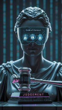 Futuristic depiction of justice featuring a statue wearing a holographic visor with "Code of Conduct" text and digital lock icons. A gavel and "Judgement" text complete the scene.