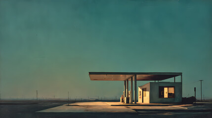 conceptual piece for urban study | temporal stillness | existential stillness | sepia and jade | architectural grid | empty gas station | twilight horizon wash | minimalist architectural framing |