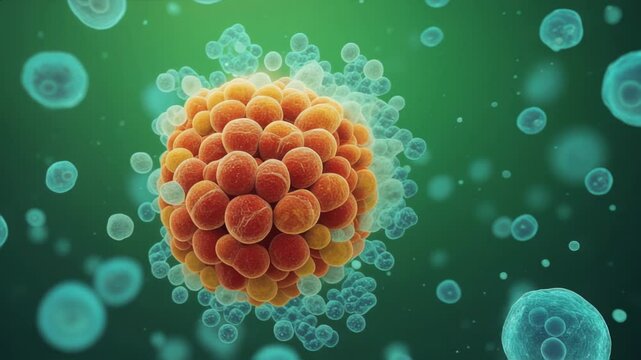 Abstract composition of translucent dividing stem cell among other undifferentiated progenitors on a green background
