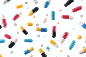 A group of different-colored antibiotic pill capsules in motion, falling at varying speeds to represent the wide array of medical solutions.