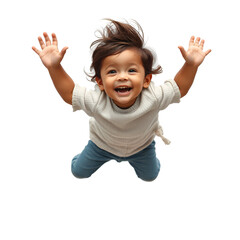 A playful and innocent jump isolated on a white background. A child in the air during a shy yet touching jump, radiating pure kindness and gentleness. 