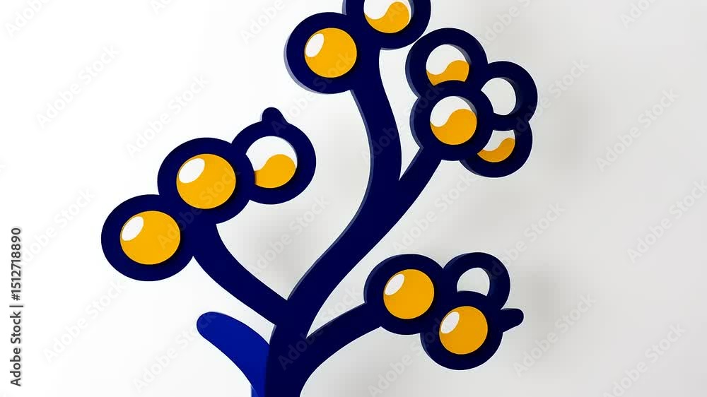 Poster animation of a stylized tree with round fruit and falling elements on a white background