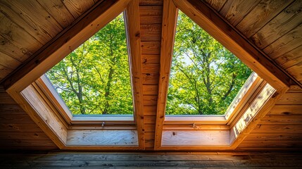 Wooden attic view of trees through two triangular skylights
