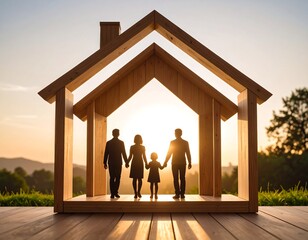 Family under a wooden home silhouette