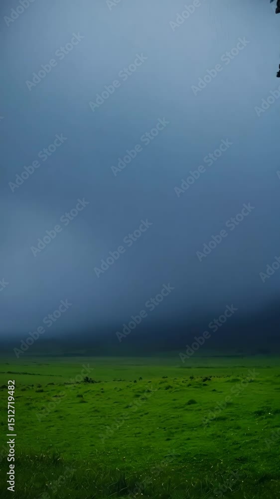 Poster scenic view of verdant field with lush green grass and coniferous trees shrouded in mist under the c