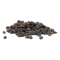 close up of numerous coffee beans on white background