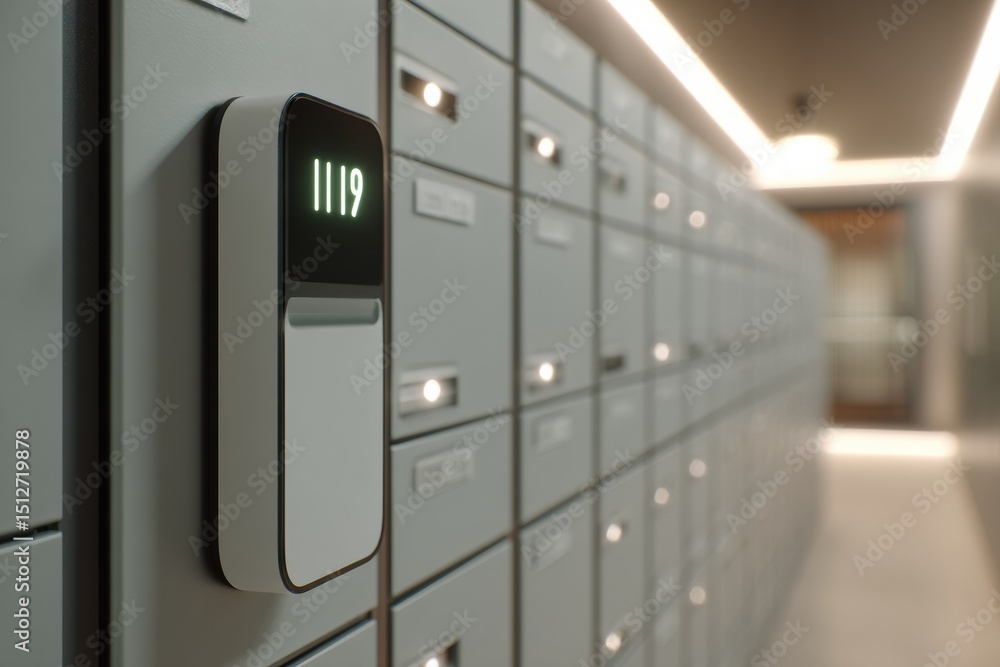 Poster smart locker wall interface displaying delivery status with illuminated upper layout in a modern fac
