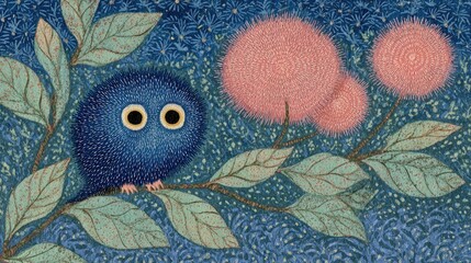 Cute blue owl perched on a branch with pink flowers in a whimsical garden setting at dusk