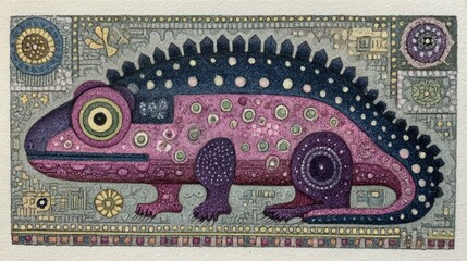 A detailed illustration of a reptile featuring vivid colors and intricate patterns. The artwork combines elements of nature with artistic design, creating a unique visual experience.