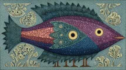 A vibrant decorative fish design showcases intricate patterns and vivid colors, resting against a textured background. This artwork highlights creativity through bold artistry.