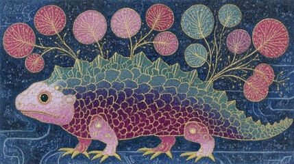 A fantastical creature with vibrant scales and spikes stands against a deep blue backdrop. Colorful orbs representing flora float above its back, creating a surreal atmosphere at twilight.