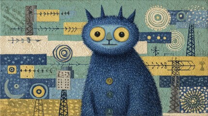 A whimsical blue cat-like creature with large yellow eyes sits against a vibrant backdrop filled with an array of geometric shapes and patterns. The artwork evokes a playful atmosphere.