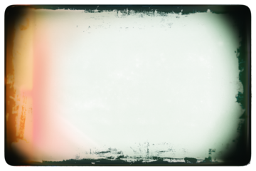 Vintage photo film frame template with dust, splatters, blurred edges, red glare and rounded corners on transparent background. Template for design, vintage film effects, and light leak