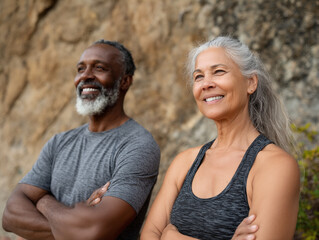 Happy middle aged couple doing sports together. Mature couple doing exercise outdoors. Fitness and healthy lifestyle concept.