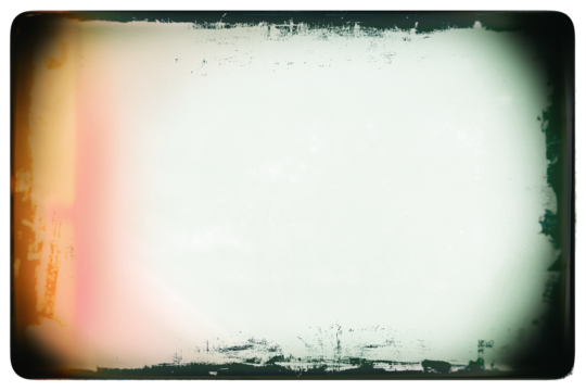 Vintage photo film frame template with dust, splatters, blurred edges, red glare and rounded corners on transparent background. Template for design, vintage film effects, and light leak