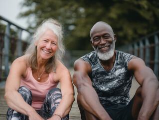 Happy middle aged couple doing sports together. Mature couple doing exercise outdoors. Fitness and healthy lifestyle concept.