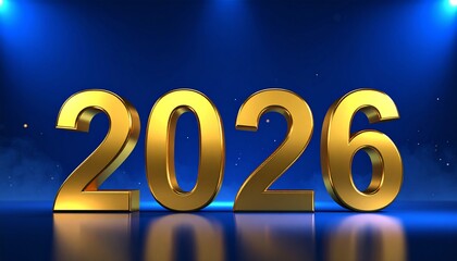 Glowing golden 2026 numbers on blue stage with spotlight lighting
