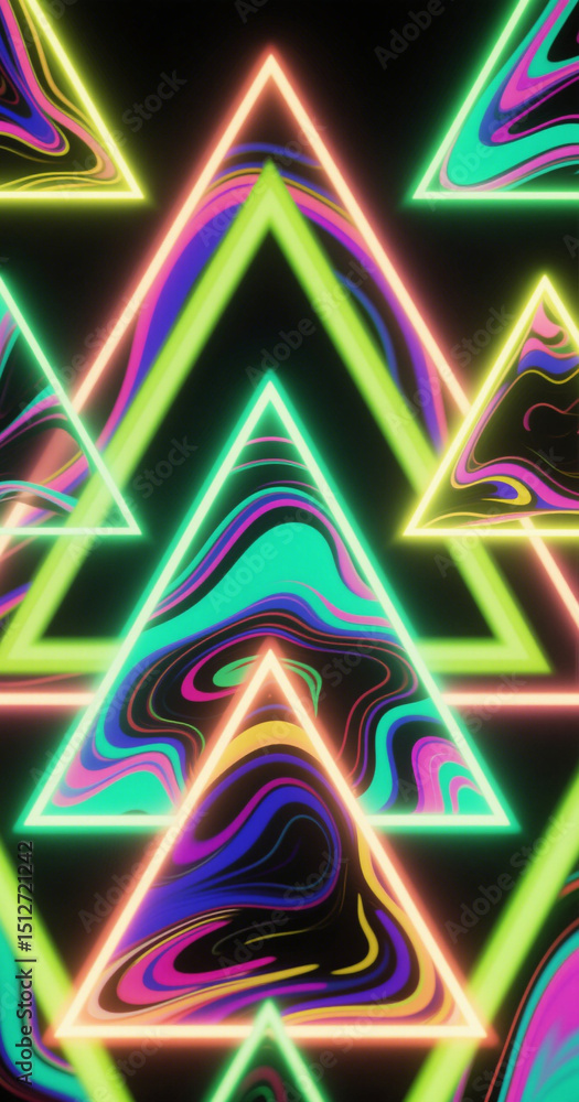 Poster neon triangles with swirling psychedelic pattern on a dark background
