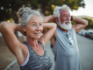 Happy middle aged couple doing sports together. Mature couple doing exercise outdoors. Fitness and healthy lifestyle concept.
