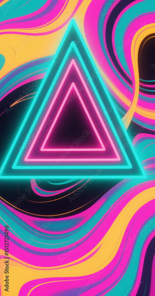 Poster abstract neon triangles with swirling colorful background design