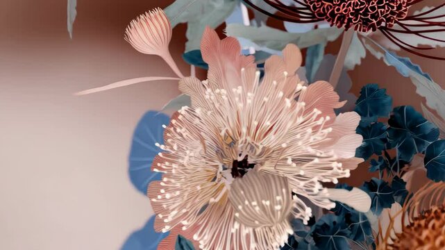 Abstract floral arrangement featuring stylized protea flowers and foliage in muted brown, blue, and pink tones, botanical art illustration.