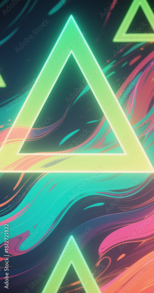 Poster neon triangles with abstract colorful flowing background design