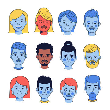 Variety of Expressions: A curated collection of diverse illustrated portraits displaying a spectrum of human expressions, celebrating individuality and emotional range in a simplistic graphic style.