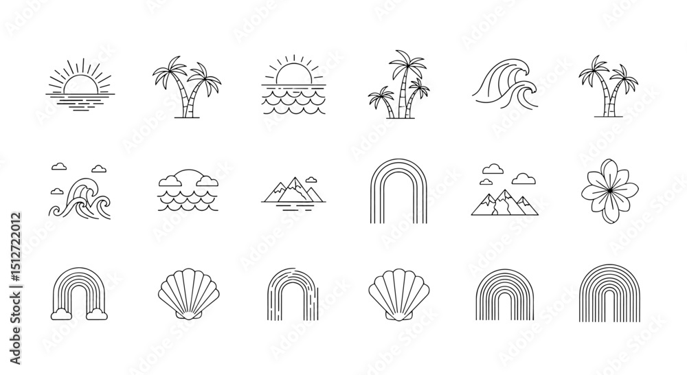 Poster minimalist nature icons set: a captivating collection of minimalist vector icons capturing elements 
