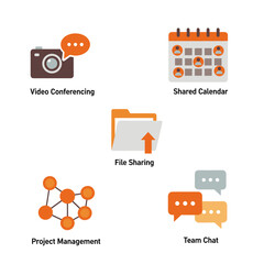 Digital Workplace Tools: Simple icons representing key digital workplace tools, like video conferencing, shared calendar, file sharing, project management and team chat.
