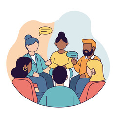 Group Therapy Session: An illustrated scene of individuals engaged in a therapeutic session, fostering open dialogue and mutual support.