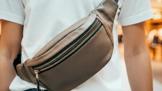 Man wearing white T-shirt and crossbody bag in mall