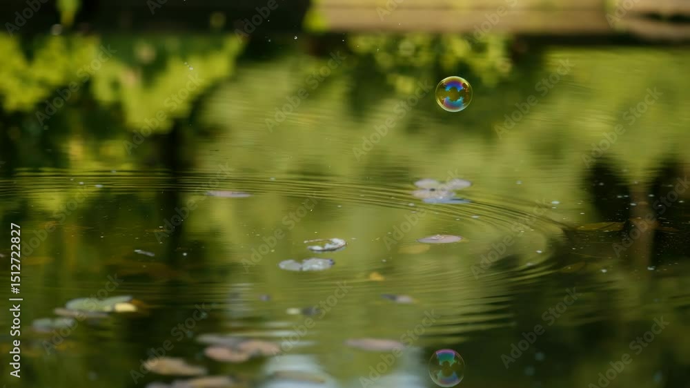 Poster single bubble floating above calm pond with lily pads