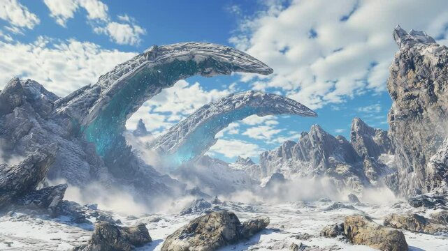 Snow covered mountain landscape with arch formations against a cloudy sky showcases geological structure and natural beauty
