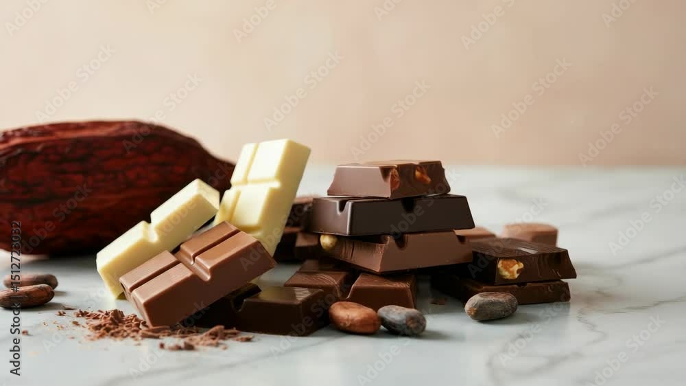 Poster assorted chocolate bars with cocoa beans on marble surface