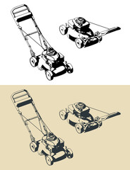 Hand push self-propelled lawn mower stylized illustrations