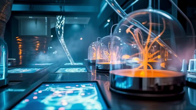 Futuristic Lab Bio-luminescent Plants Under Glass Domes
