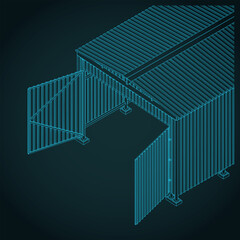Steel industrial shed isometric blueprint close-up