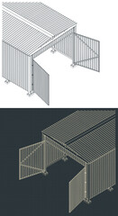 Steel industrial shed isometric blueprints close-up