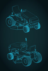 Tractor lawn mower isometric blueprints illustration