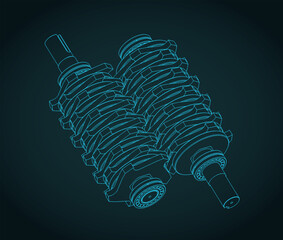 Two shaft shredder blades isometric blueprint