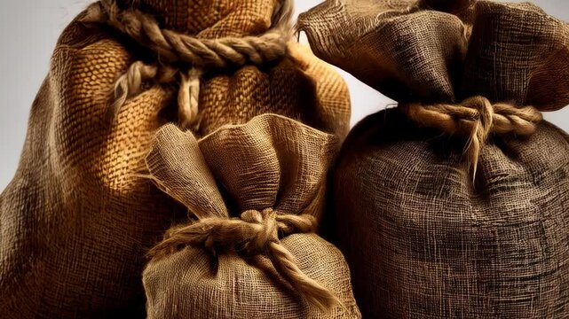 Three textured burlap sacks, different sizes, tied with rope on a neutral background for storage or transport, offering a rustic and natural aesthetic