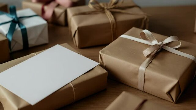 Various wrapped gifts with bows and blank card on wooden surface