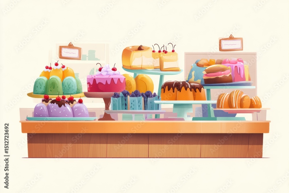 Aufkleber creative bakery counter displaying colorful pastries and desserts in a vibrant setting