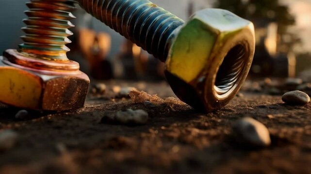 Two metallic nuts and bolts rest on the ground with construction equipment in the background