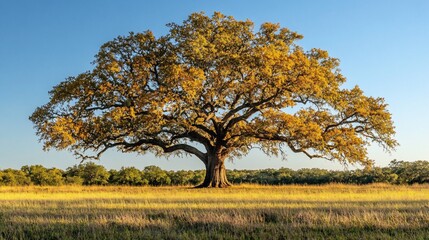 Obraz premium Majestic Oak Tree Bathed in Golden Light, Standing Tall in a Grassy Meadow