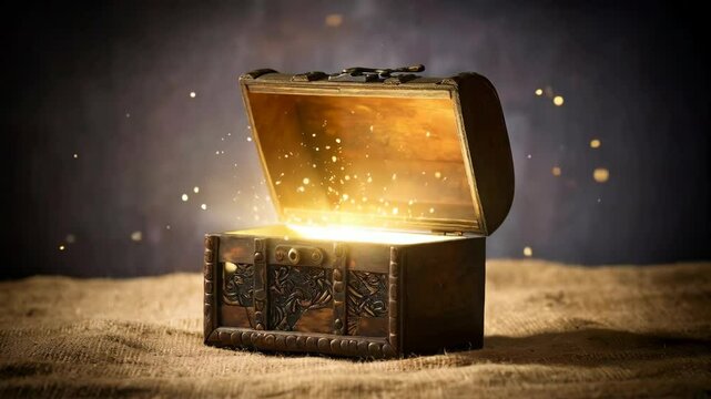 Antique wooden chest with lid open emanating bright golden light and glittering particles resting on coarse burlap fabric, mystery.